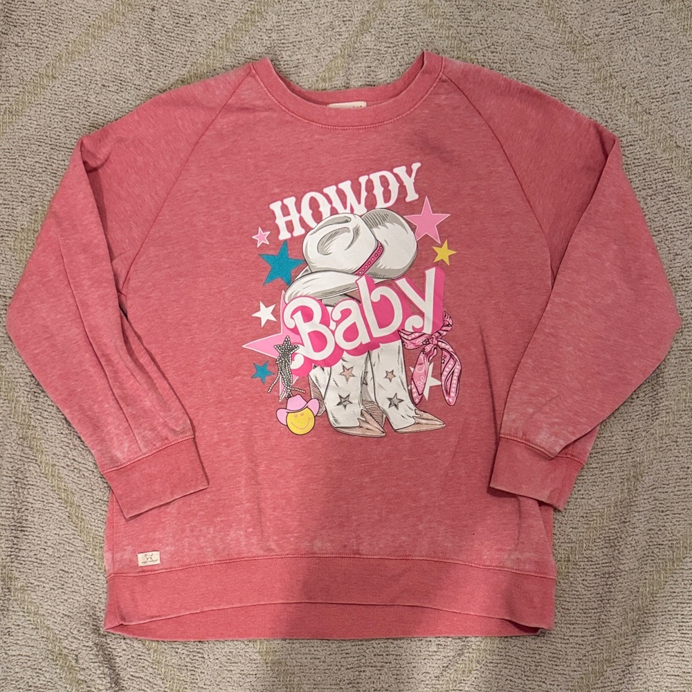 Simply Southern Comfy Howdy Baby Western Graphic Sweatshirt Pink Sz LG